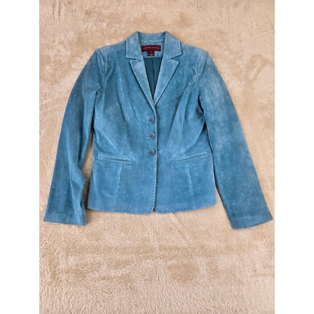 Margaret Godfrey‎ Blue Suede Button Up Blazer Women's Size 8 Classic Tailored